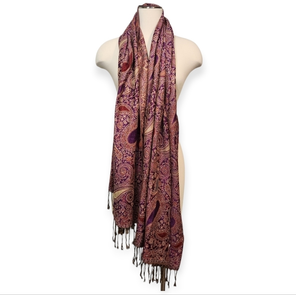 EUC BURGUNDY PURPLE PAISLEY 100% PASHMINA SHAWL WRAP SCARF WITH FRINGE